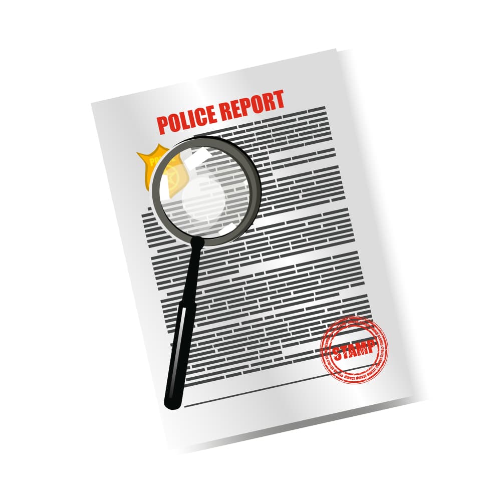 A police report document and a magnifying glass isolated on a white background.