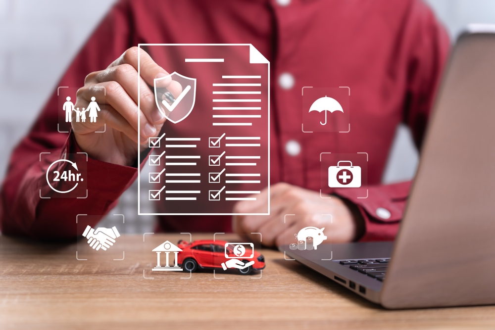 Car insurance and transportation warranty concept: Businesswoman marking an insurance document using online technology, ensuring car accident and family protection.